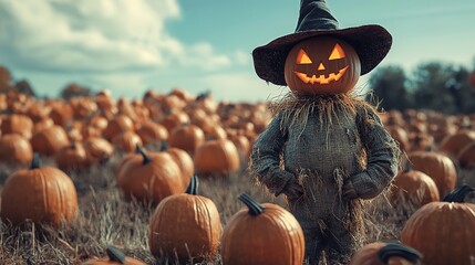 Poster - Scary scarecrow in a field full of pumpkins. Halloween concept