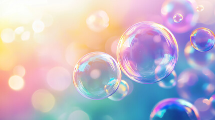 Poster - Brightly colored soap bubbles floating on smooth background create whimsical and joyful atmosphere.
