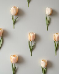 Poster - Clean Repetition of Orange Tulips on Soft Gray Background with Shadows, Evoking a Calm Sunny Day