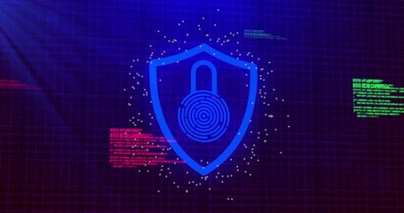 Poster - Shield with lock and fingerprint, cybersecurity protection, digital background animation