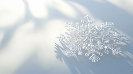 Poster - A delicate snowflake rests on smooth light surface, casting soft shadows, evoking serene winter atmosphere.