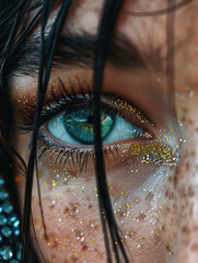 Close-up of a vibrant and glittering green eye artwork.