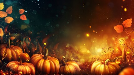 Canvas Print - Festive halloween banner with pumpkins and dark glowing background. 