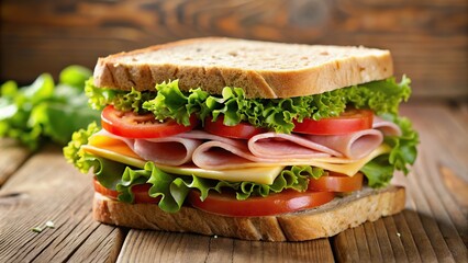 Wall Mural - A delicious ham and cheese sandwich with lettuce and tomato on whole wheat bread, close up, artisan, sliced, appetizing, protein, lettuce, homemade, sandwich, fast food, gourmet, lunch