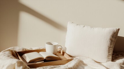 Poster - Minimalist Cozy Scene with Book and Coffee - Soft Beige Pillow, Delicate Blanket, White Cup, Wooden Tray, and Warm Lighting in a Relaxed Setting