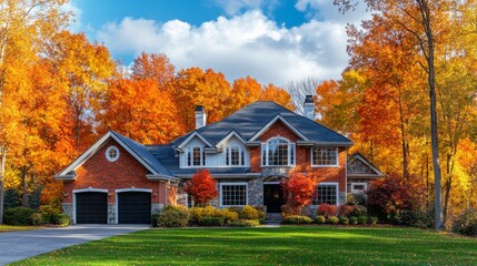 Poster - A large brick house with a black garage door sits in front of a forest of trees