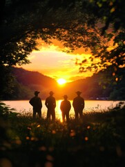 Wall Mural - Four men stand in silhouette against a vibrant sunset, their figures framed by the golden light reflecting off the calm lake. The image evokes a sense of camaraderie, peace, and reflection on the beau