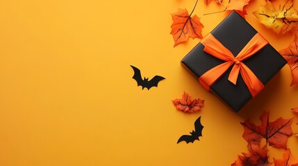 Poster - Halloween greetings card copy space of halloween element n gift box isolated on yellow orange background