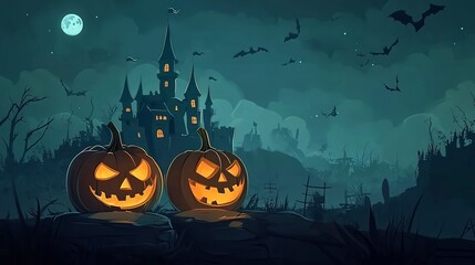 Poster - Spooky halloween illustration, pumpkins castle, dark, cartoon style for kids. High quality photo