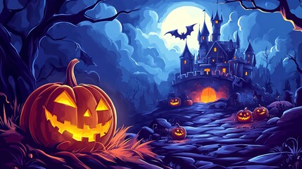 Canvas Print - Spooky halloween illustration, pumpkins castle, dark, cartoon style for kids. High quality photo 