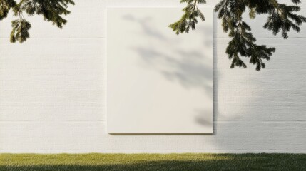 Poster - Outdoor Blank Poster Mockup on White Brick Wall with Tree Shadows and Grassy Ground in Daylight