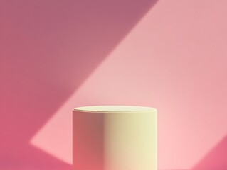 Poster - Minimalist Neon Blue Cylindrical Podium on Soft Pink Background with Diffused Lighting and Shadows, Ideal for Product Display