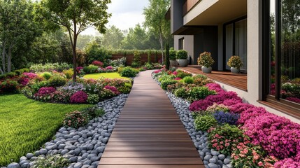 Poster - A beautiful garden with a wooden walkway and a stone path