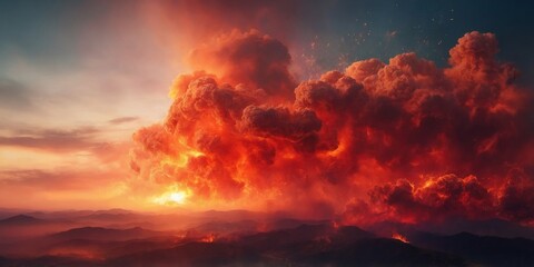 Wall Mural - abstract background featuring fiery red sky with flame and smoke.