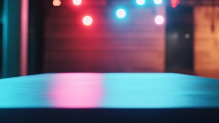 Aufkleber - Vibrant Neon Blue Matte Table Surface with Soccer-Themed Blurred Sports Field Background - Energetic and Playful Atmosphere with Stadium Lights, Bright Pink, and Neon Blue Colors