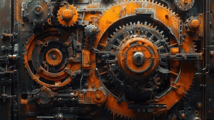 Aufkleber - Intricate interlocking gears and cogwheels showcase teamwork in a mechanical landscape