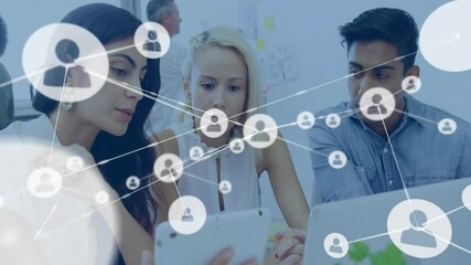 Poster - Animating network of connected user icons over diverse colleagues collaborating in office
