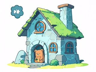 Sticker - A Cozy Stone House with a Bear Sitting on the Porch