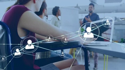 Poster - Data processing animation over diverse business team in office, network of connections