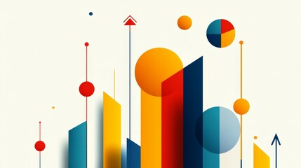 Poster - An abstract geometric illustration featuring colorful bars, circles, and upward arrows, symbolizing growth, progress, and data visualization.