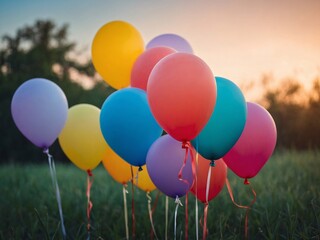 Wall Mural - Colorful matte balloons floating on a softly blurred background.