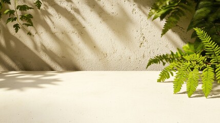 Aufkleber - Vibrant Green Leaves and Empty Smooth White Concrete Table in Sunlit Outdoor Garden Serene Bokeh Background