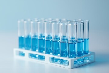 A set of test tubes filled with azure liquid arranged in a white test tube rack against a minimalistic white background