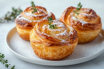 Wall Mural - Homemade fresh baked cruffin sprinkle with icing or powdered sugar decorate with thyme leaf on white plate. Cruffin is a mixed of flaky layer croissant and muffin in muffin shape. Modern trend bakery