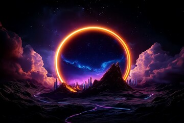 Aufkleber - 80s style synthwave album cover with neon lights and a futuristic cityscape, depicted in an artwork where a neon-lit cityscape is set against a dark, starry sky, with a grid pattern leading