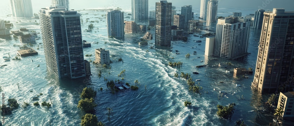 Coastal cities inundated by rising sea levels with flooded streets ...