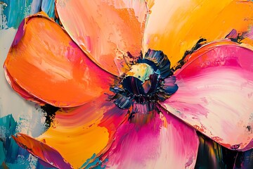 brightly colored flower painting on a blue background with a yellow center