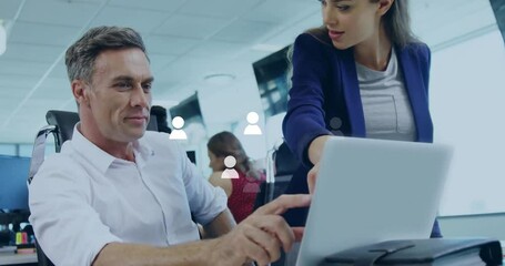 Poster - Businesswoman pointing at laptop screen, teamwork animation over office workers