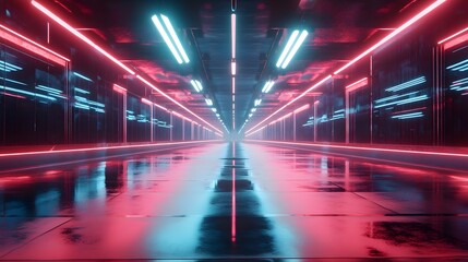 A neon-lit street in a futuristic city with detailed 3D rendering of reflective surfaces