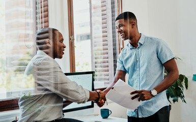 Aufkleber - Office, meeting and handshake for collaboration, planning and deal with proposal for report. African men, smile and creative small business, teamwork and presentation for partnership or b2b project