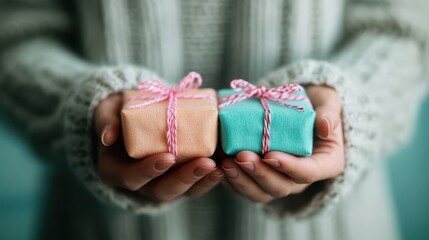 A close-up shot of an individual in a cozy sweater holding two neatly wrapped gifts with red and white string, symbolizing holiday cheer or special occasion celebrations.