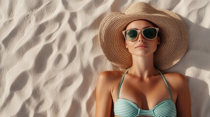 A woman in sunglasses and a beach hat lies on the sand, enjoying the sun. The setting is serene and gives a sense of relaxation and peace during a sunny beach day.