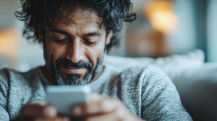 A man looks at his mobile phone while sitting in a casual, relaxed setting, exhibiting a modern, connected lifestyle with soft background lighting.