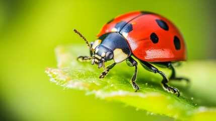 Poster - A high-detail close-up of a ladybug on a leaf, focusing on its bright red shell and small black spots against a clean background.
