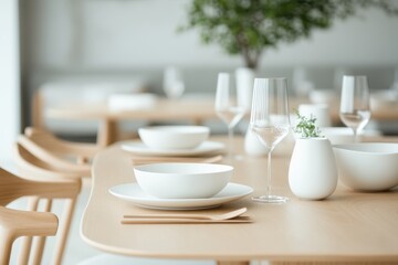 Wall Mural - Minimalist Elegance in Neutral: Close-up of Sleek Wood Grain Dining Table with Contemporary Place Settings