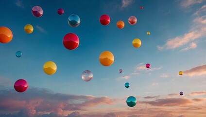 Wall Mural - Colorful spheres floating in a whimsical sky, creating a playful atmosphere.