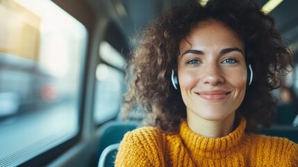 A young woman with curly hair and wearing headphones smiles contentedly while seated on public transit, exuding a calm and relaxed demeanor.