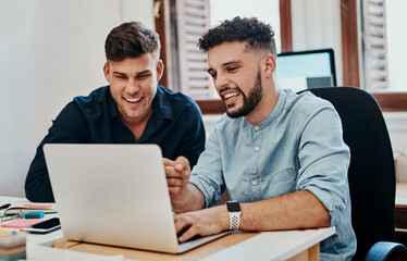 Poster - Funny, team and business men on laptop for brainstorming ideas or discussion at startup office. Collaboration, talking or creative writer on computer for comedy show script, joke and laughing at meme