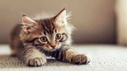 Poster - A high-quality image of a kitten stretching out its little paws, with its fluffy body and playful attitude clearly visible against a soft, neutral background.