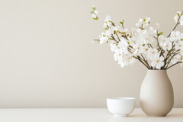 Wall Mural - Serene Minimalist Dining Room Centerpiece with Soft Flowers in Simple Vase on Clean Table Surface