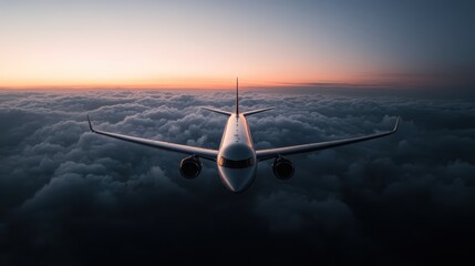 A magnificent depiction of an airplane soaring through the air above the clouds with a stunning sunset in the background, reflecting the beauty of flight and freedom.