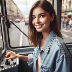 Wall Mural - Young woman with a confident smile wearing a denim jacket adjust