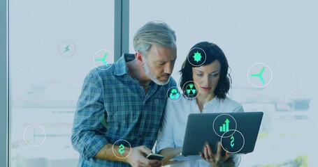 Poster - Analyzing data on laptop, business professionals with sustainability icons animation