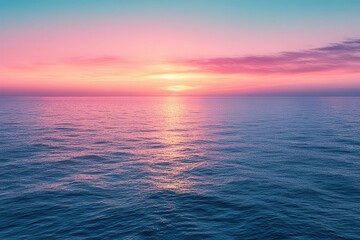 dreamlike twilight seascape where soft pink sky meets tranquil blue waters creating a seamless gradient of soothing pastels along the serene horizon