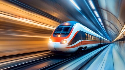 Poster - A high-speed train moving through a tunnel, with bright lights illuminating the interior and a sense of speed captured by the motion blur.