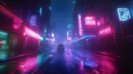 A futuristic urban landscape with glowing neon signs and wet streets reflecting the light